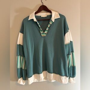 Lovely Melody, M Plunging V Neck, Teal - Aqua Color Block + Patchwork Pullover